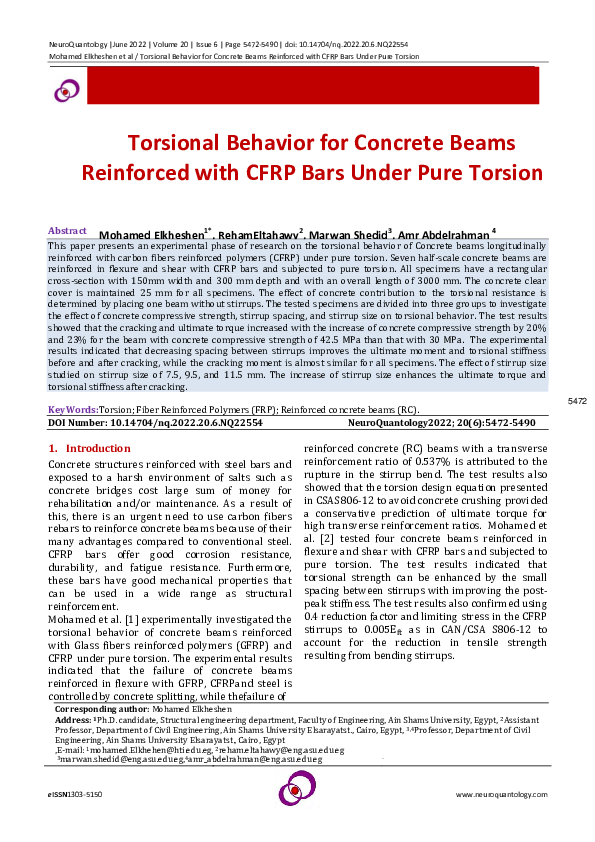 (PDF) Torsional Behavior for Concrete Beams Reinforced with CFRP Bars ...