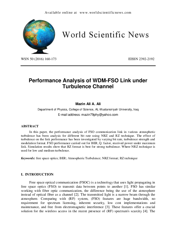 (PDF) Performance Analysis of WDM-FSO Link under Turbulence Channel
