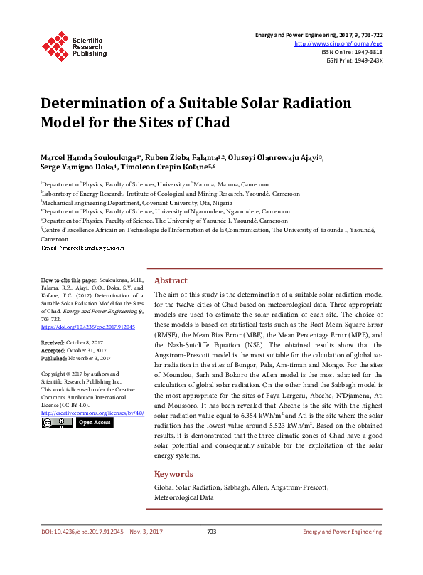 (PDF) Determination of a Suitable Solar Radiation Model for the Sites ...