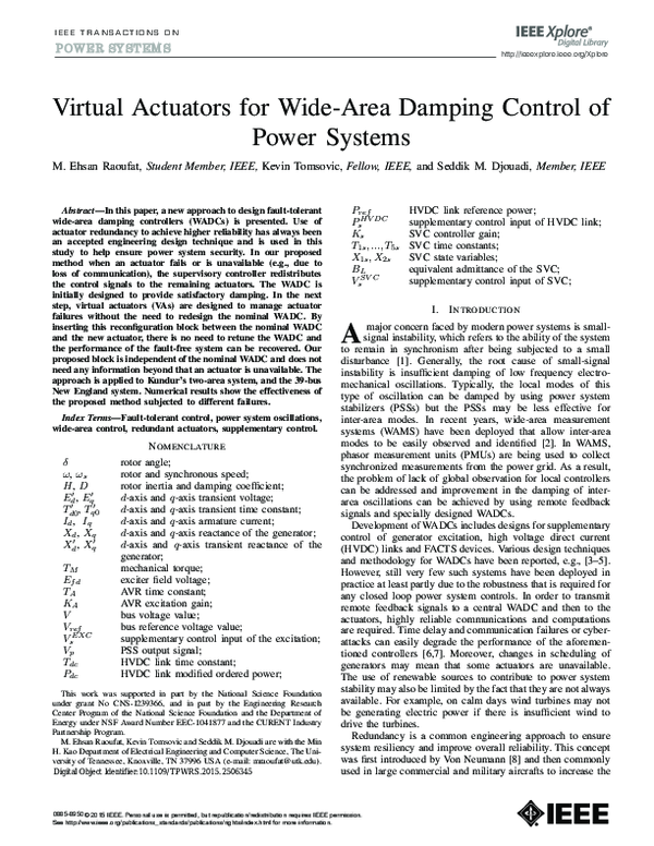 (PDF) Virtual Actuators for Wide-Area Damping Control of Power Systems