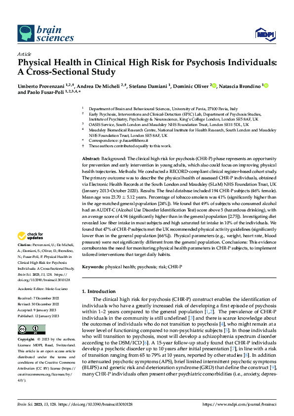 (PDF) Physical Health in Clinical High Risk for Psychosis Individuals ...