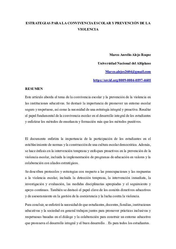 (PDF) ESTRATEGIAS PARA LA CONVIVENCIA ESCOLAR Y PREVENCIÓN DE LA VIOLENCIA