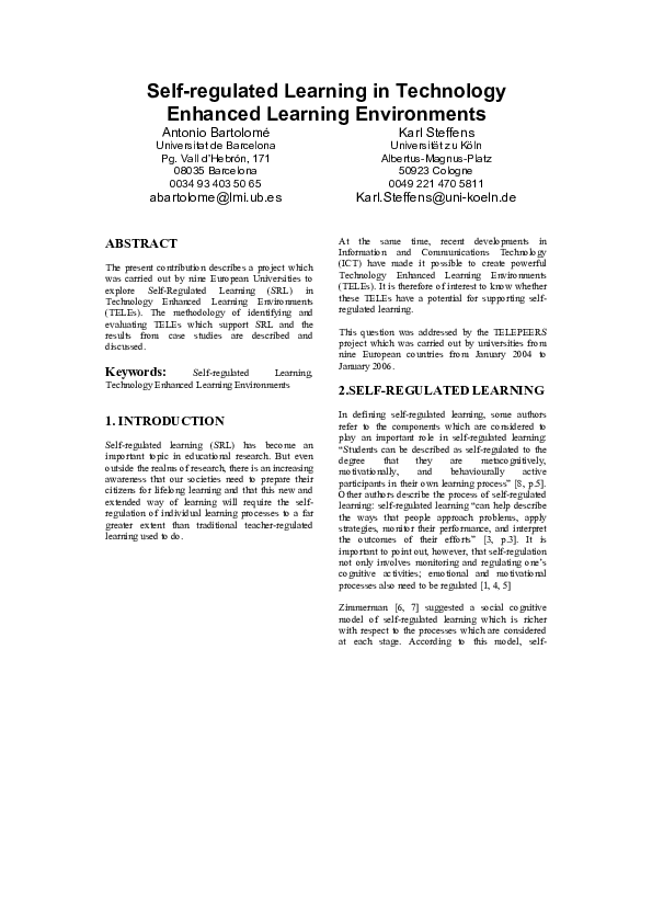 (PDF) Self-Regulated Learning in Technology Enhanced Learning Environments