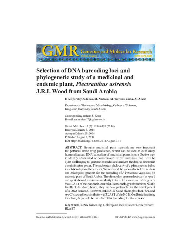 (PDF) Selection of DNA barcoding loci and phylogenetic study of a ...