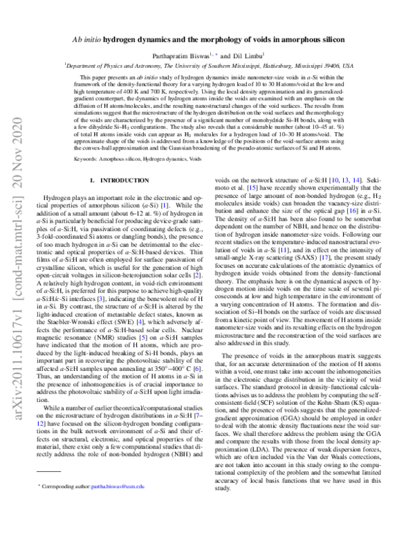 (PDF) Ab Initio Hydrogen Dynamics and the Morphology of Voids in ...
