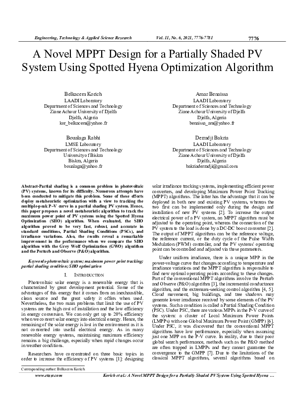 (PDF) A Novel MPPT Design for a Partially Shaded PV System Using ...