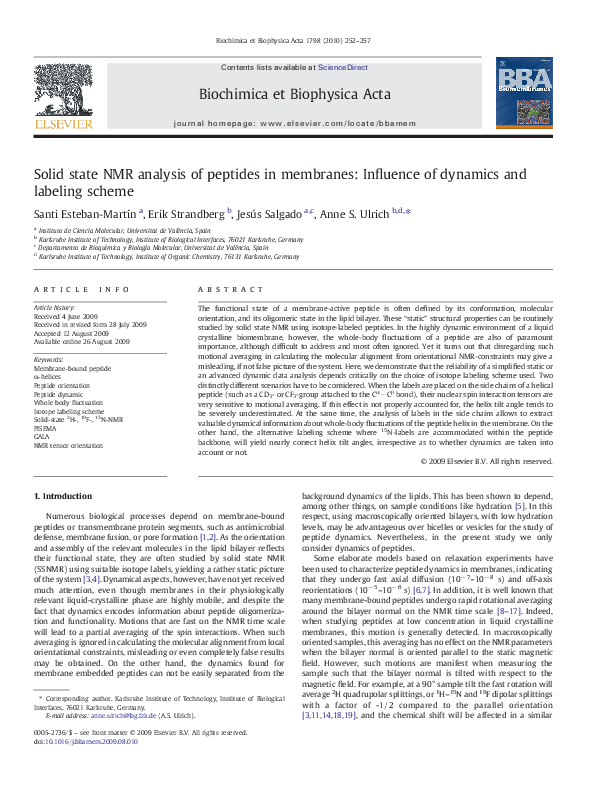 (PDF) Solid state NMR analysis of peptides in membranes: Influence of ...