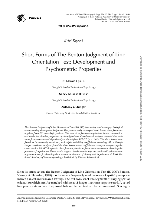 (PDF) Short Forms of The Benton Judgment of Line Orientation Test ...