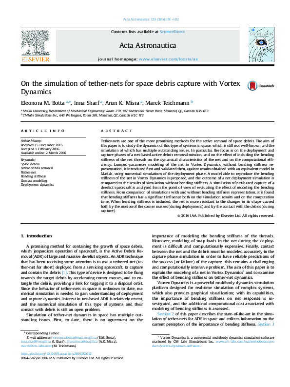 (PDF) On the simulation of tether-nets for space debris capture with ...