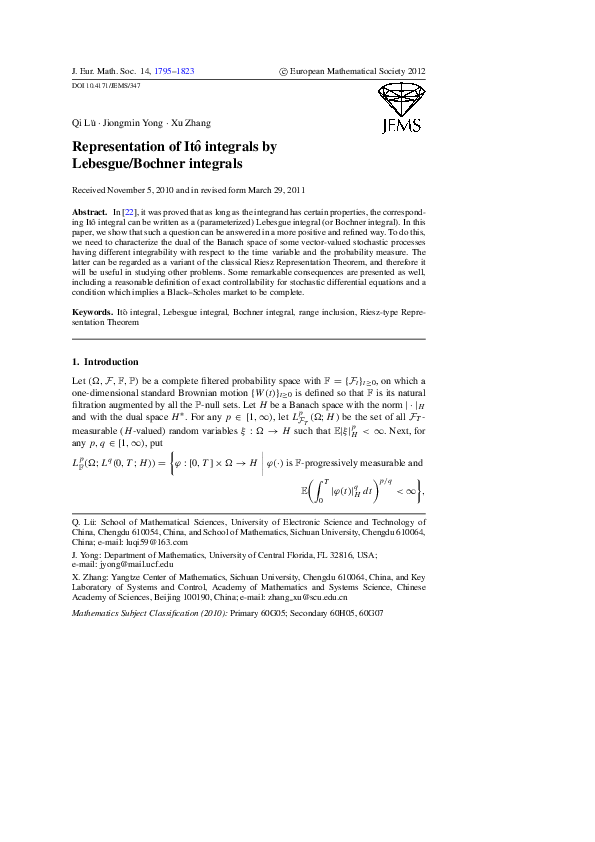 (PDF) Representation of Itô integrals by Lebesgue/Bochner integrals
