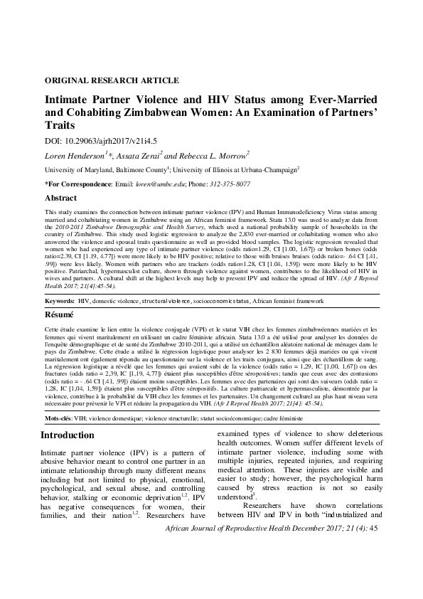 (PDF) Intimate Partner Violence and HIV Status among Ever-Married and ...