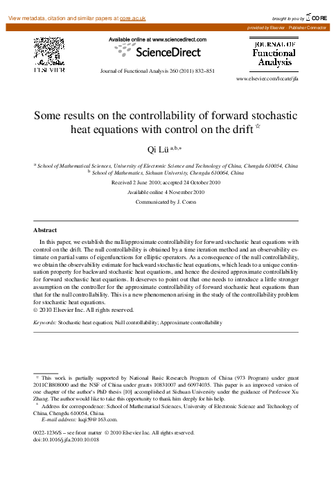 (PDF) Some results on the controllability of forward stochastic heat ...