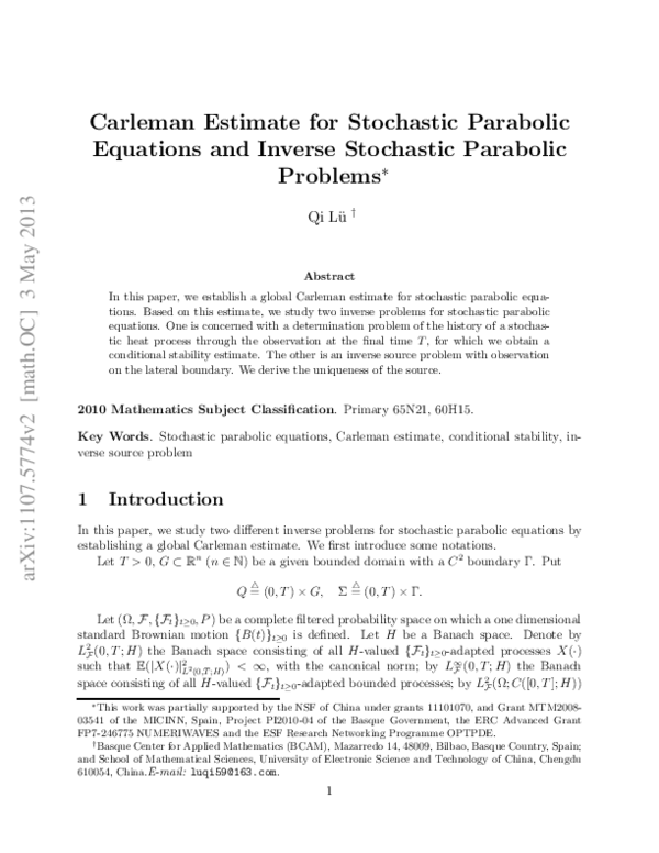 (PDF) Carleman estimate for stochastic parabolic equations and inverse ...