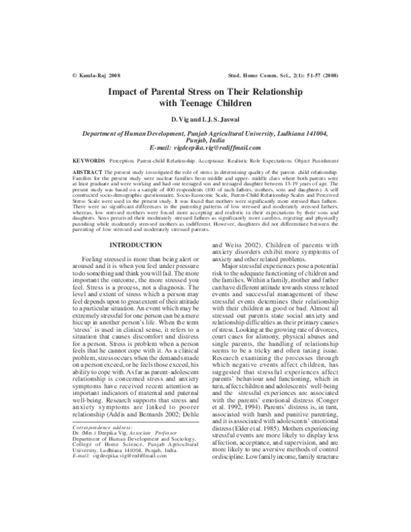 (PDF) Impact of Parental Stress on Their Relationship with Teenage Children
