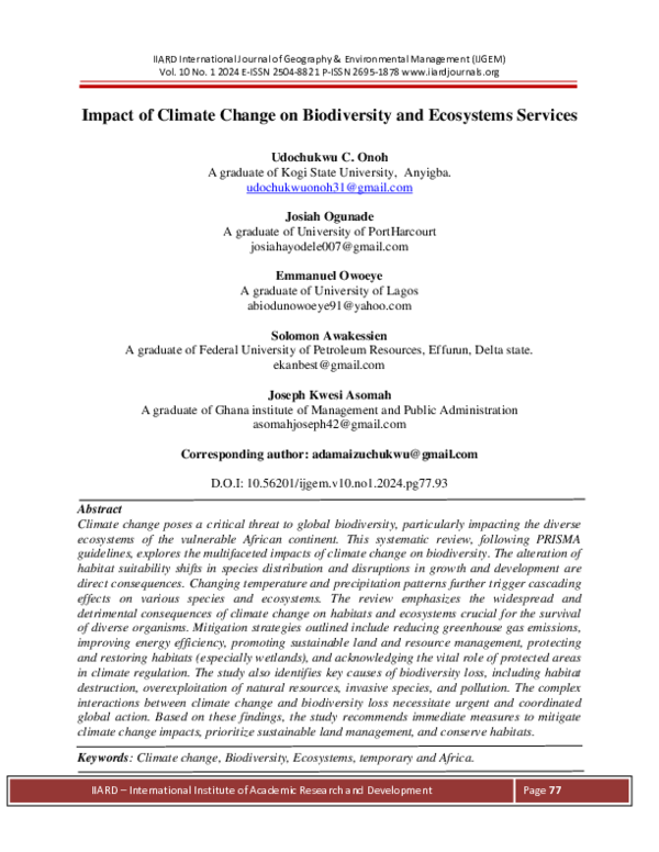 (PDF) Impact of Climate Change on Biodiversity and Ecosystems Services