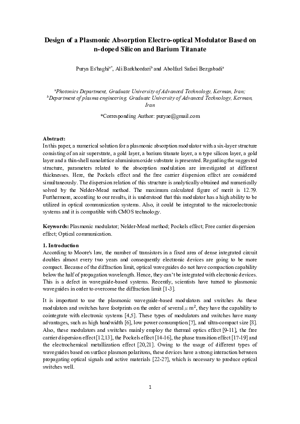 (PDF) Design of a Plasmonic Absorption Electro-optical Modulator Based ...