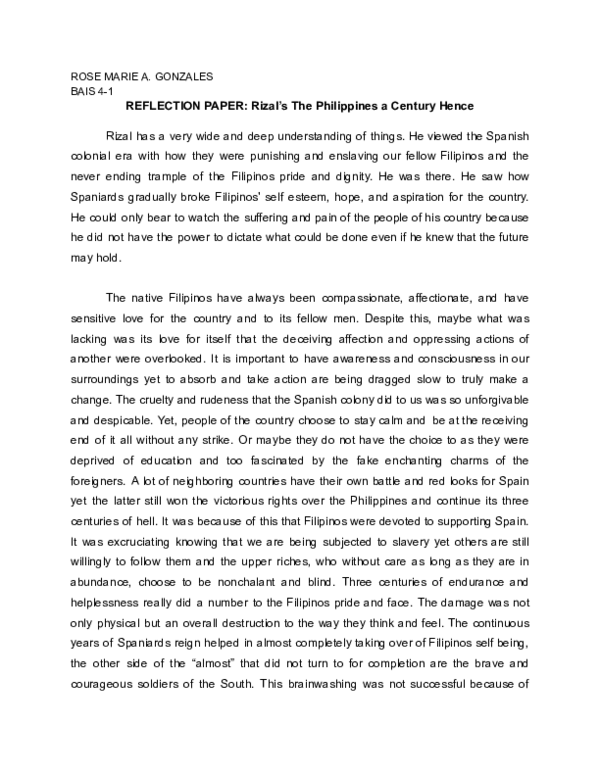 (PDF) REACTION PAPER: RIZAL'S THE PHILIPPINES A CENTURY HENCE