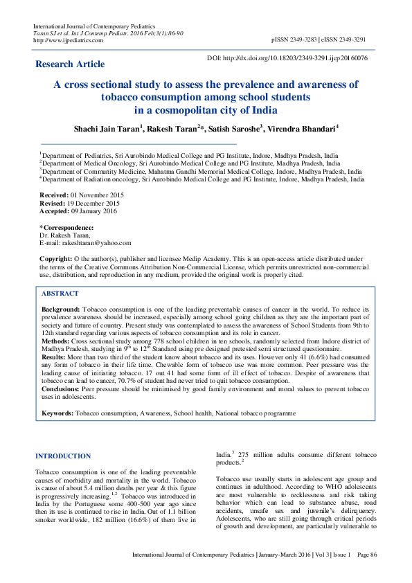 (PDF) A cross sectional study to assess the prevalence and awareness of ...