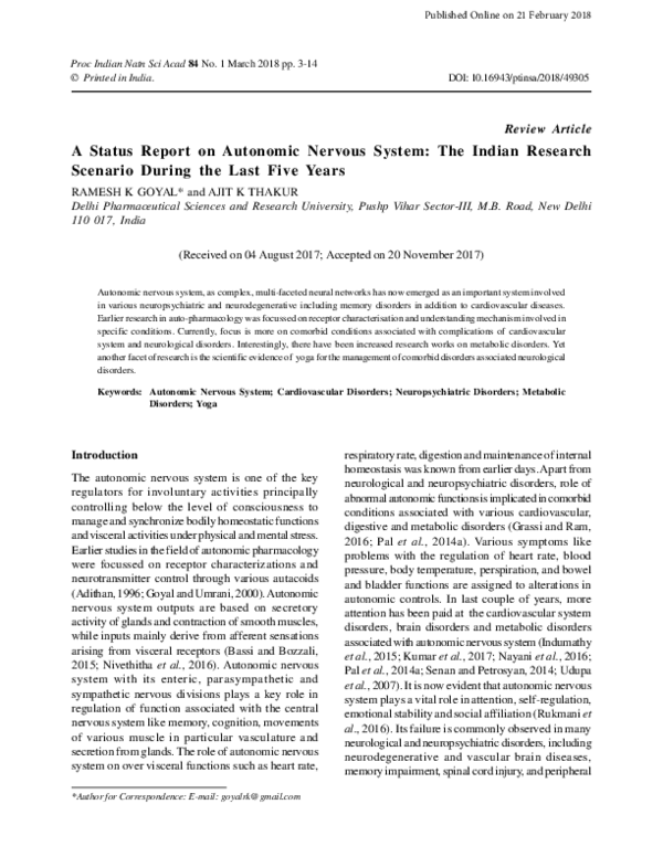 (PDF) A Status Report on Autonomic Nervous System: the Indian Research ...