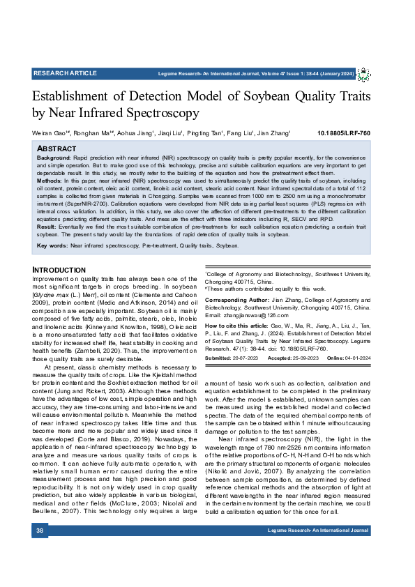 (PDF) Establishment of Detection Model of Soybean Quality Traits by ...