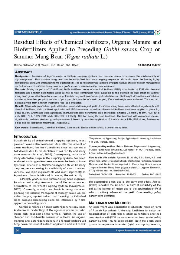 (PDF) Residual Effects of Chemical Fertilizers, Organic Manure and ...