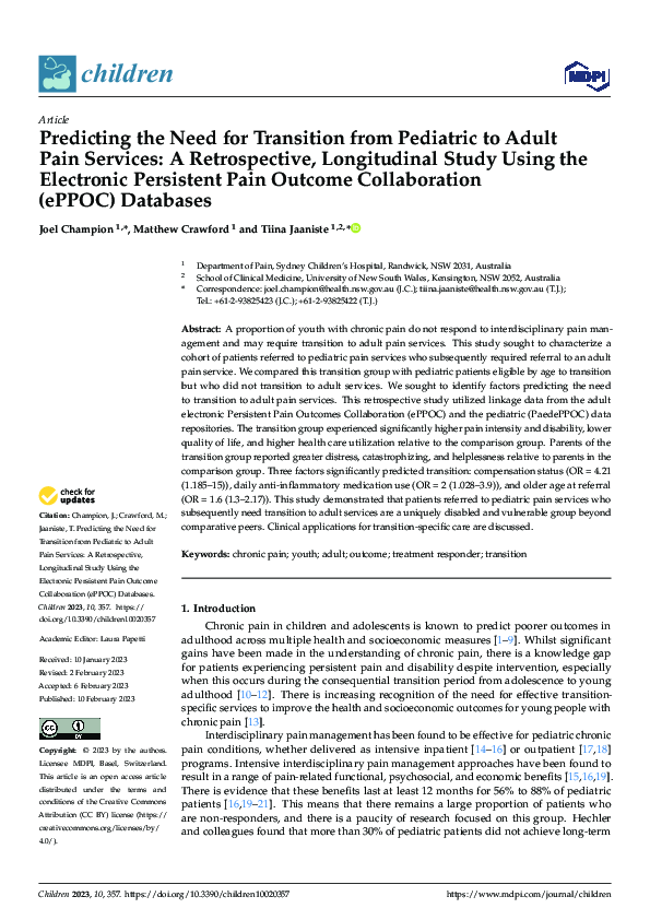(PDF) Predicting the Need for Transition from Pediatric to Adult Pain ...