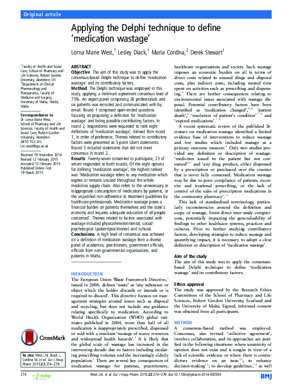(PDF) Applying the Delphi technique to define ‘medication wastage’