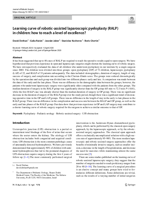 (PDF) Learning curve of robotic-assisted laparoscopic pyeloplasty (RALP ...