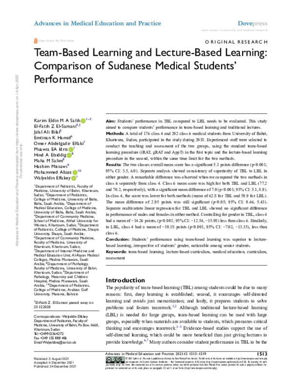 (PDF) Team-Based Learning and Lecture-Based Learning: Comparison of ...