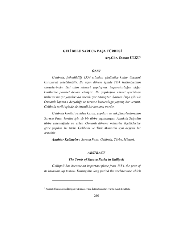 (PDF) GELİBOLU SARUCA PAŞA TÜRBESİ / The Tomb of Saruca Pasha in Gallipoli