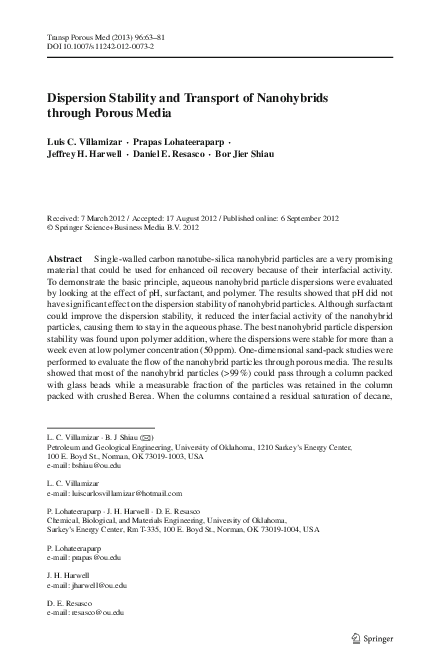 (PDF) Dispersion Stability and Transport of Nanohybrids through Porous ...
