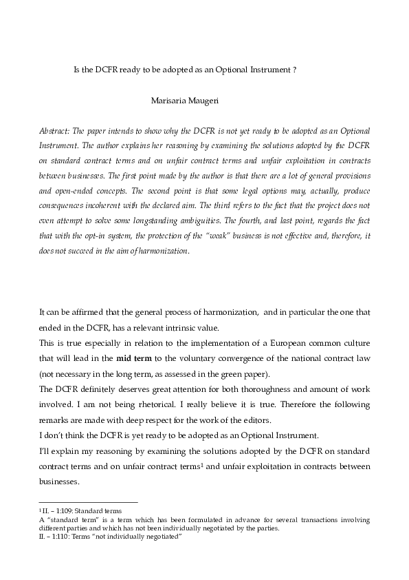 (PDF) Is the DCFR ready to be adopted as an Optional Instrument?
