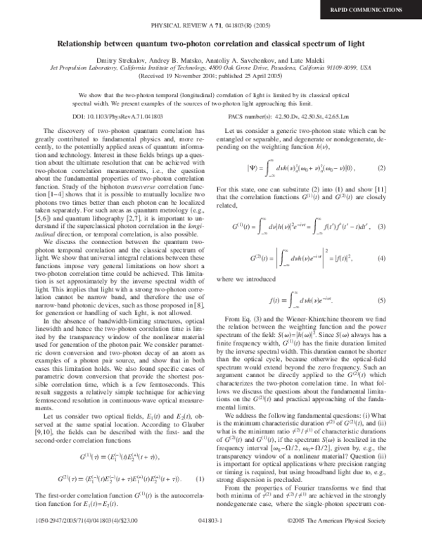 (PDF) Relationship between quantum two-photon correlation and classical ...