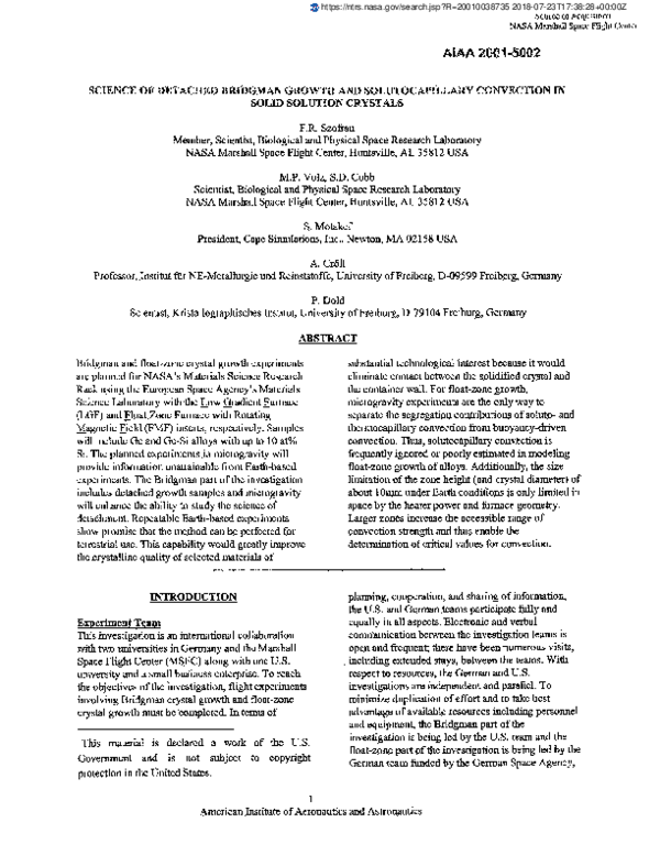 (PDF) Science of detached Bridgman growth and solutocapillary ...