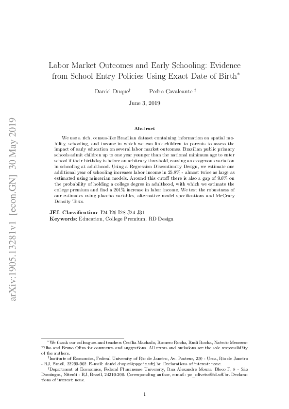 (PDF) Labor Market Outcomes and Early Schooling: Evidence from School ...