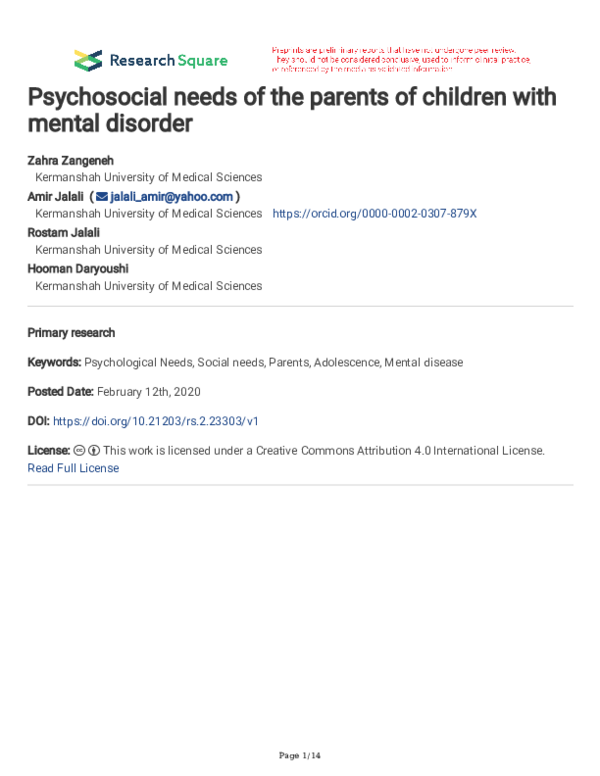 (PDF) Psychosocial needs of the parents of children with mental disorder