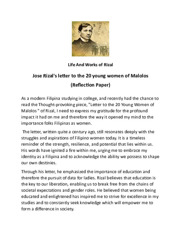 Letter To The Young Lady Of Malolos Summary (PDF) Jose Rizal's letter to the 20 young women of Malolos (Reflection