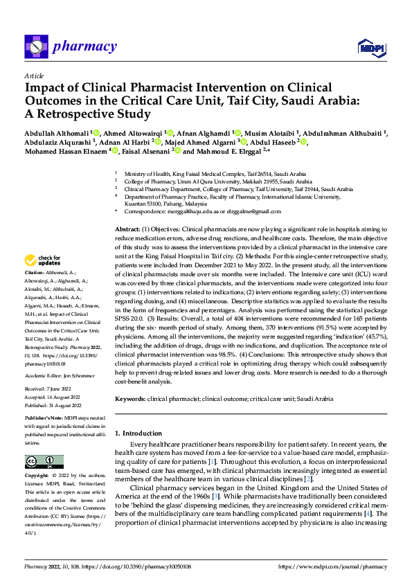 (PDF) Impact of Clinical Pharmacist Intervention on Clinical Outcomes ...