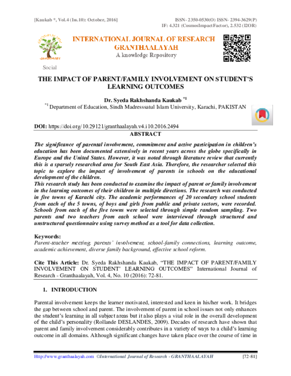 (PDF) The Impact of Parent/Family Involvement on Student’s Learning ...