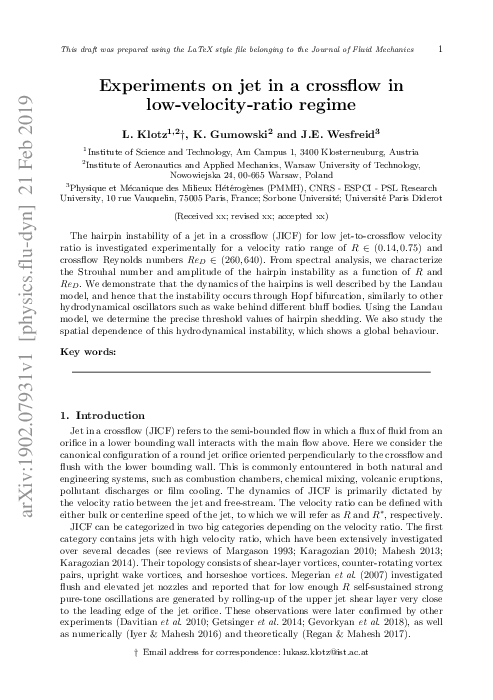 (PDF) Experiments on a jet in a crossflow in the low-velocity-ratio regime