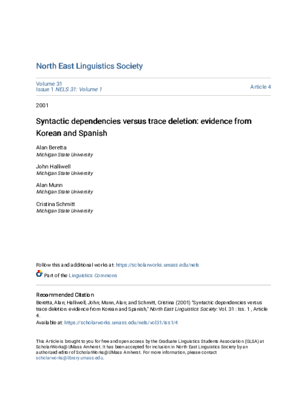 (PDF) Syntactic dependencies versus trace deletion: evidence from ...