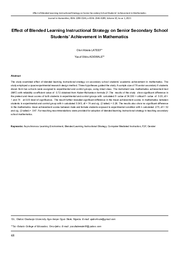 (PDF) Effect of Blended Learning Instructional Strategy on Senior ...