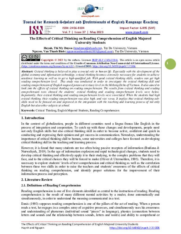 (PDF) The Effects of Critical Thinking on Reading Comprehension of ...