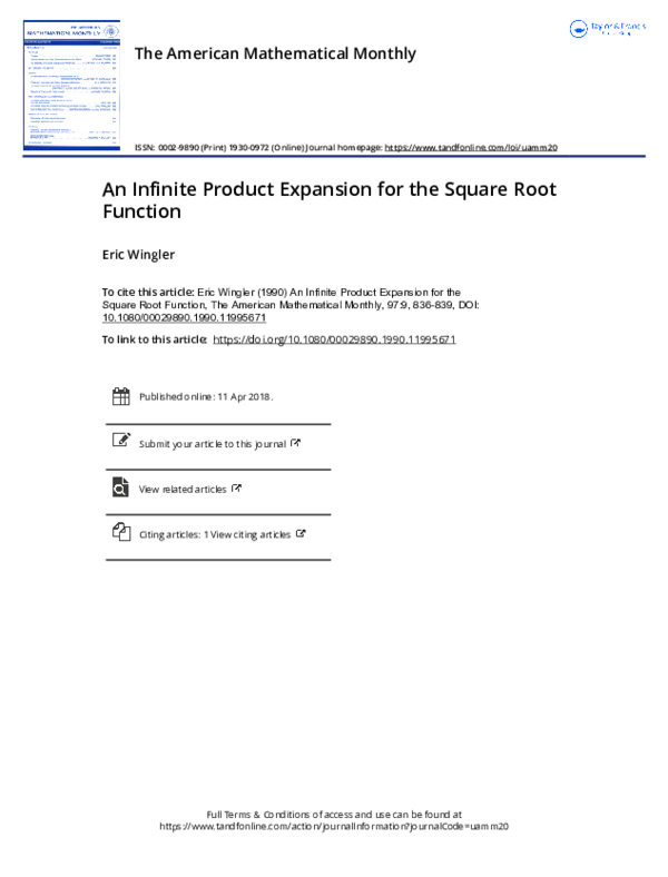 (PDF) An Infinite Product Expansion for the Square Root Function