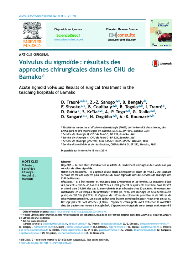 (PDF) Volvulus du sigmoïde résultats des approches chirurgicales dans — free download