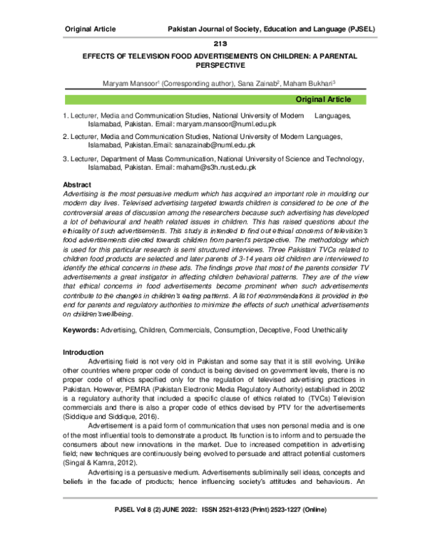 (PDF) EFFECTS OF TELEVISION FOOD ADVERTISEMENTS ON CHILDREN: A PARENTAL ...