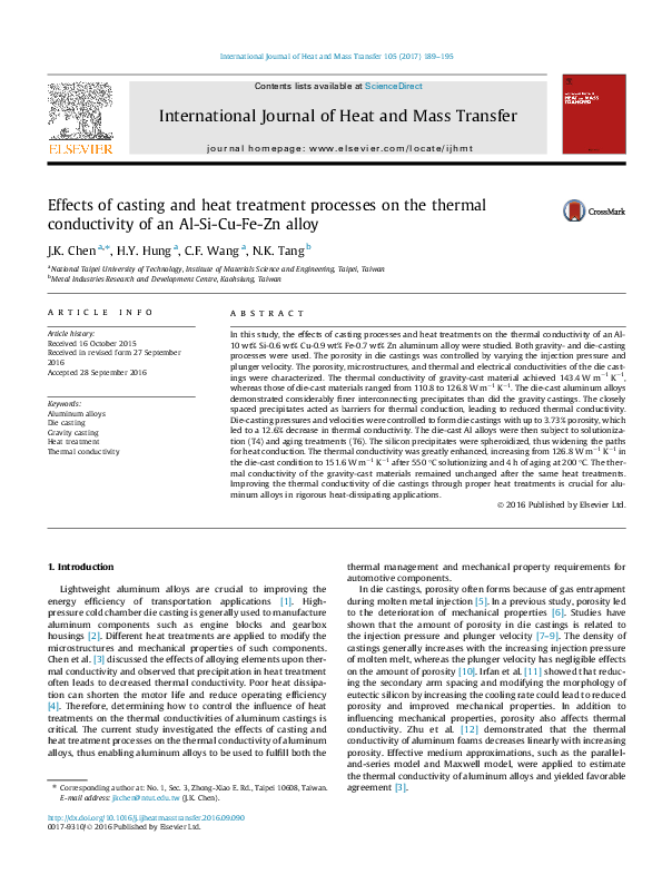 (PDF) Effects of casting and heat treatment processes on the thermal ...
