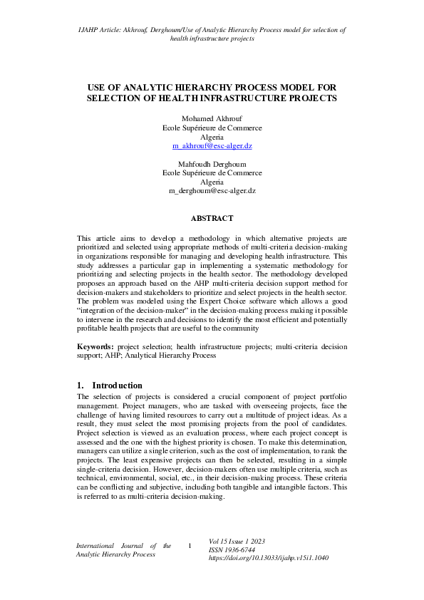 (PDF) Use of a Multi-Criteria Decision Support Model Based on the Ahp ...