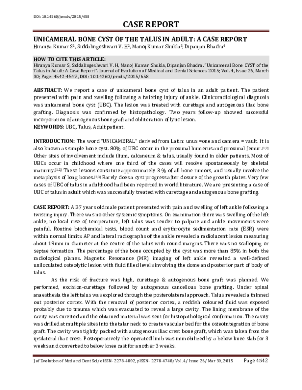 (PDF) Unicameral Bone Cyst of the Talus in Adult: A Case Report