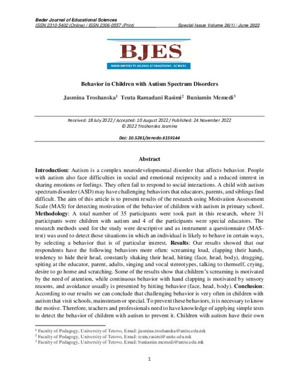 (PDF) Behavior in Children with Autism Spectrum Disorders